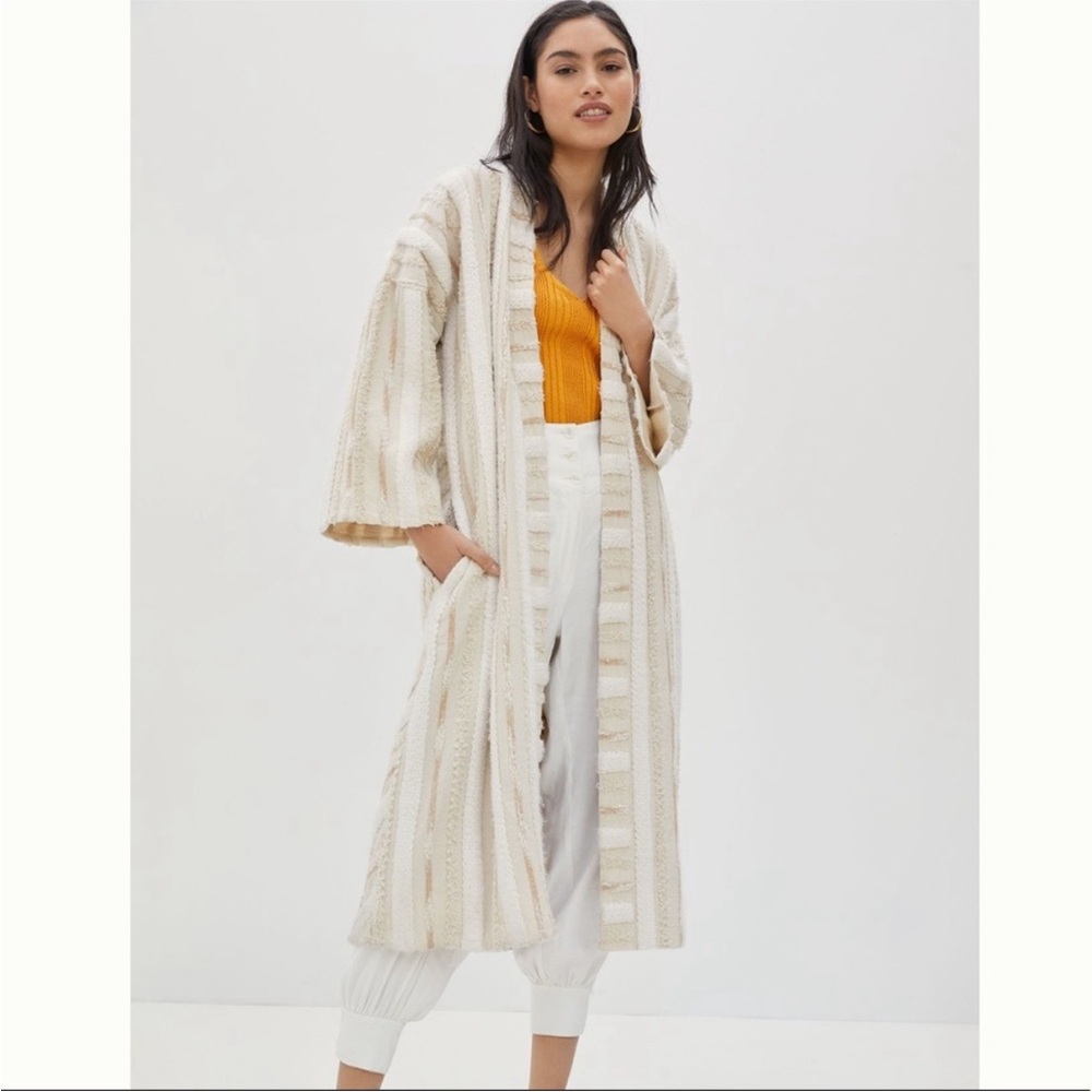 Anthropologie Cream & Beige Striped Knit Duster Coat